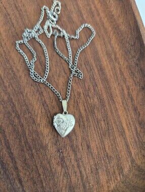 Vintage Silver Tone Heart Shaped Locket Pendant And Chain With Floral Design